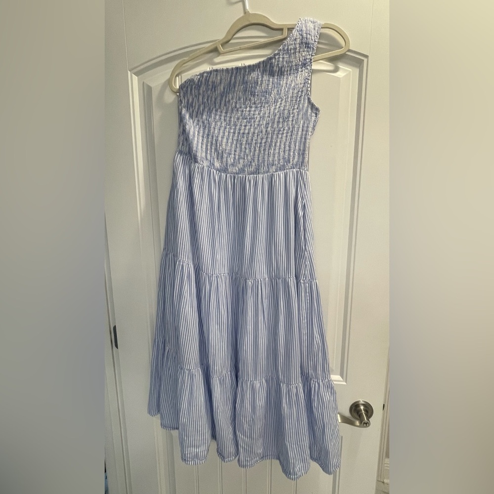 Chic Blue white pin Striped One-Shoulder lined Dress coastal boho fashion pocket